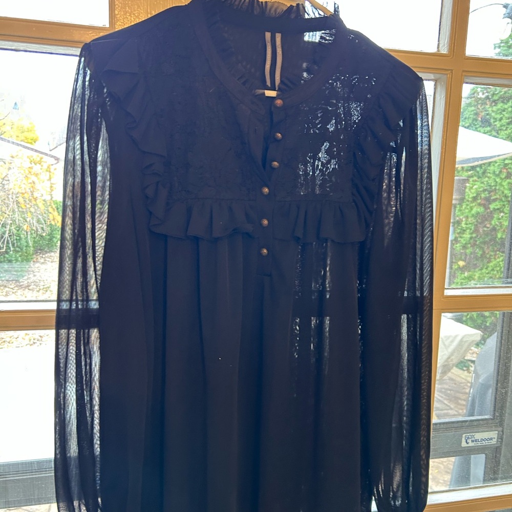 Anthropologie Black Sheer Top with Ruffle Accents